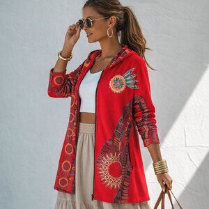 100% cotton long jersey coat w. hood, embroidered, bold pattern, zippered front